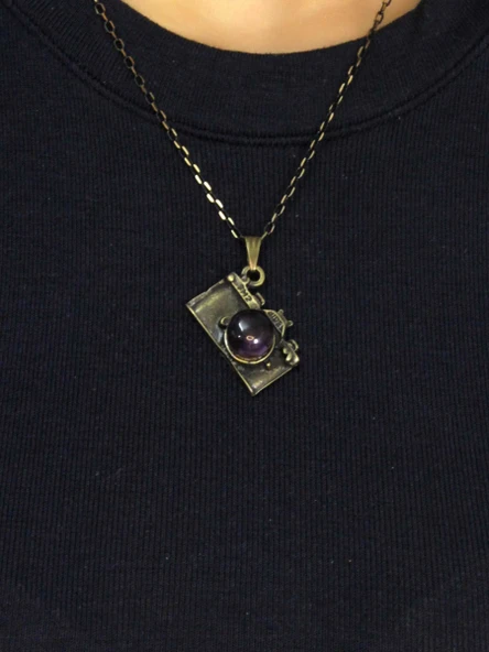 Doğal Taş Ametist Doğal Taşlı Fotograf Makinesi Modelli Antik Kadın Kolye euk42amt - Resim 2