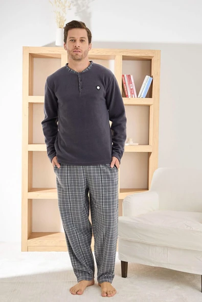 Pijamoni Erkek Düğme Yaka Kışlık Polar Pijama Takımı 6100/14,1 - 1 Adet  M Füme - Resim 2