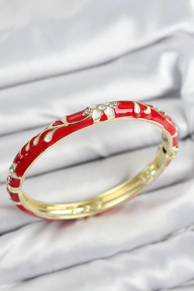 Mineli Pirinç Zirkon Taşlı Kırmızı Çiçek Motifli Gold Kadın Kelepçe - TJ-BB7640 ürün görseli