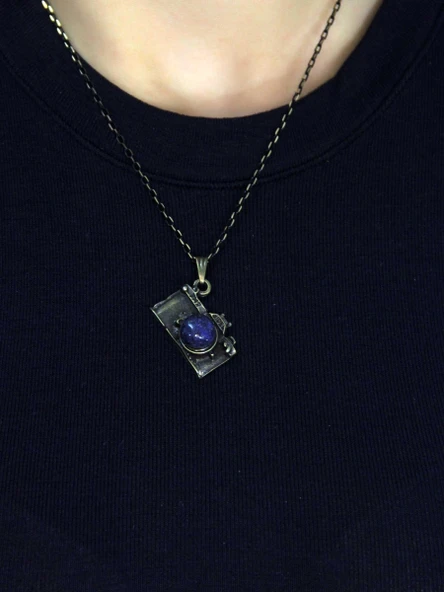 Doğal Taş Lapis Doğal Taşlı Fotograf Makinesi Modelli Antik Kadın Kolye euk42lps - Resim 2