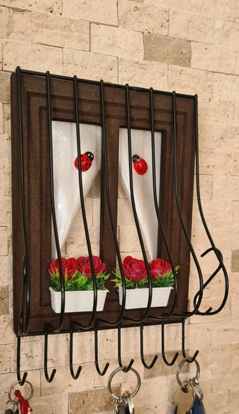 Ahşap Pencere Model Anahtarlık Kapı Duvar Tipi Anahtar Askılık Kahve, Kahverengi 21x16cm - 3