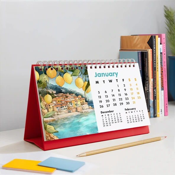 2026 İtalya Masa Takvimi – Önceki ve Sonraki Ay Görünümlü Renkli İllüstrasyon Takvim | Amalfi, Toskana, Roma, Venedik Te ürün görseli 1