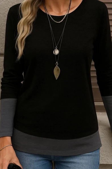 MDB Kadın Uzun Kollu Açık Yuvarlak Yaka Blok Renkli Viskon Bluz - Resim 2