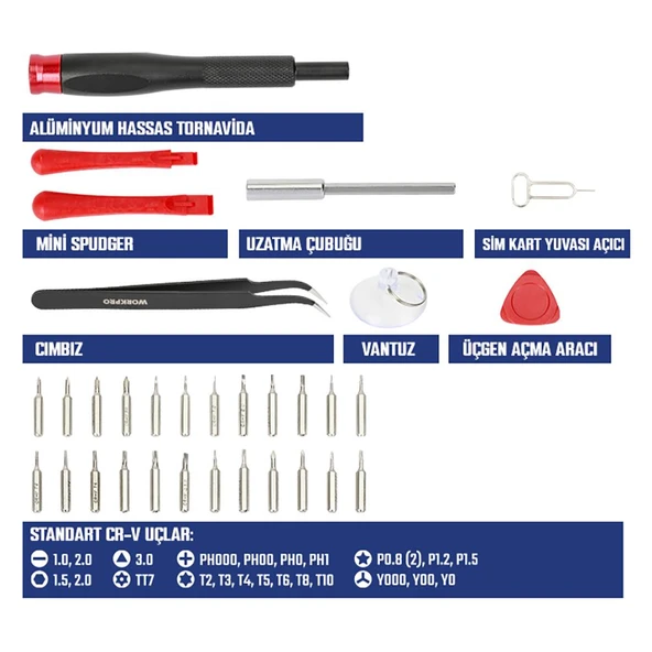 WORKPRO WP200541 32 Parça CR-V Hassas Elektronikçi/Telefoncu Profesyonel Onarım Seti - Resim 3