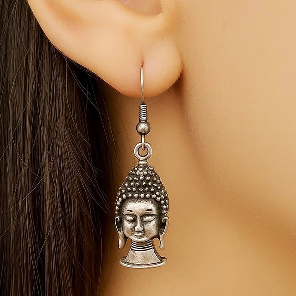 Zen Ruhlu Buda Şekilli Kadın Küpe Çift Adet Gümüş Kaplama El Yapımı Küpe ürün görseli 1