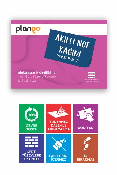 PEMBE - Elektrostatik Akıllı Not Kağıdı Yapışkansız Post-it 7x10cm - 50 Sayfa - Plango