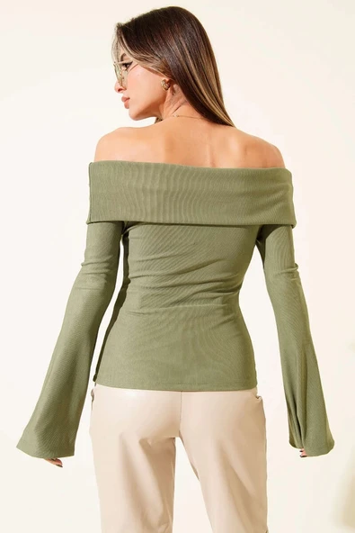 BİÇOMİ Omzu Açık Fermuarlı Bluz haki T4330 - Resim 3