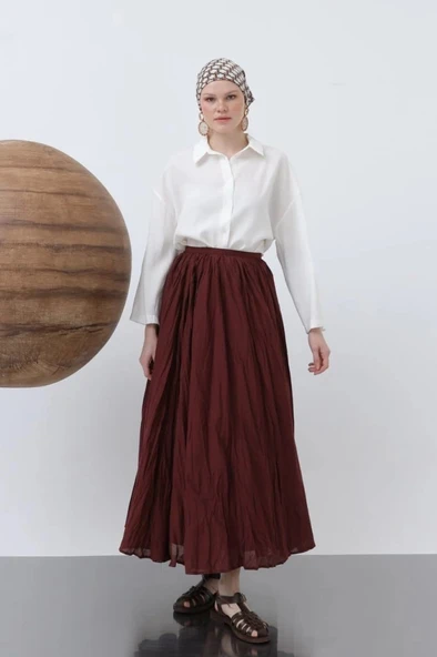 MDB Kadın Yüksek Bel Arkadan Fermuarlı Kırışık Geniş Kesimli Vural Etek ürün görseli