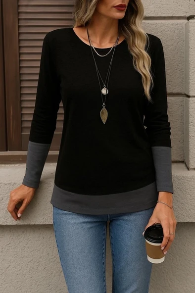 MDB Kadın Uzun Kollu Açık Yuvarlak Yaka Blok Renkli Viskon Bluz - Resim 3