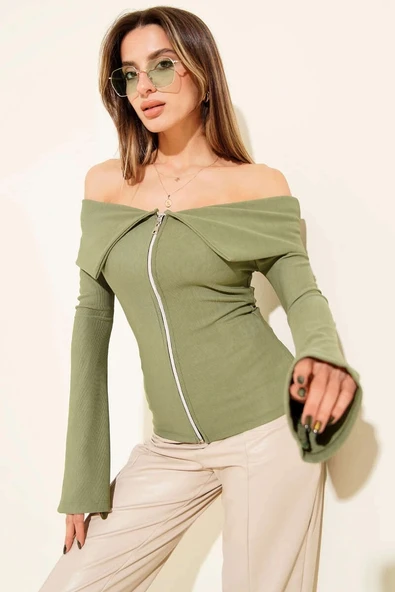 BİÇOMİ Omzu Açık Fermuarlı Bluz haki T4330 ürün görseli