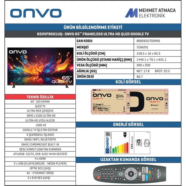 Onvo 65OVF9001UQ 65'' 165 Ekran Uydu Alıcılı 4K Ultra HD Smart Google QLED TV - Resim 4