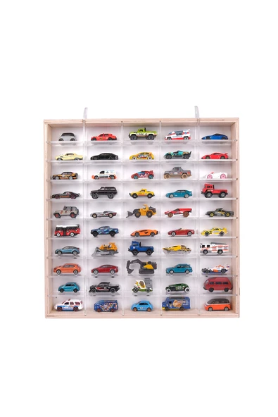 50'Lİ Ahşap Oyuncak Araba Rafı, Duvara Asılabilen Pleksi Raflı Hobi Araba Düzenleyici 50x6x51 - 7