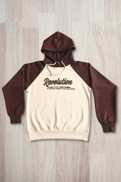 Yazı Desenli Kapşonlu Kahverengi Renk Kız Çocuk Takım - Resim 5