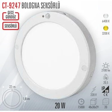 Cata 6400K 20W Ultra Slim Sensörlü Gece-Gündüz Ayarlı Tavan Armatürü CT-9247 - Alüminyum - Resim 2