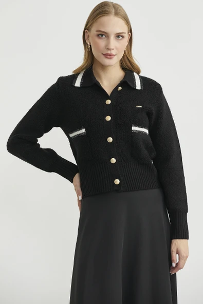 Polo Yaka Düğmeli Triko Hırka - Siyah - Resim 4