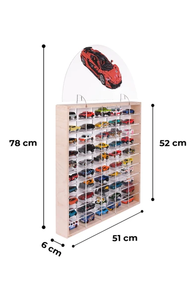 50'Lİ Ahşap Oyuncak Araba Rafı, Duvara Asılabilen Pleksi Raflı Hobi Araba Düzenleyici 50x6x51 - 3