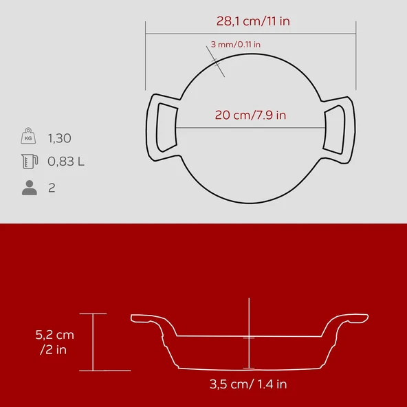 Lava Döküm Yuvarlak Sahan Döküm Demir Yekpare Çift Kulplu Çap(Ø)20cm.-Bordo - Resim 5