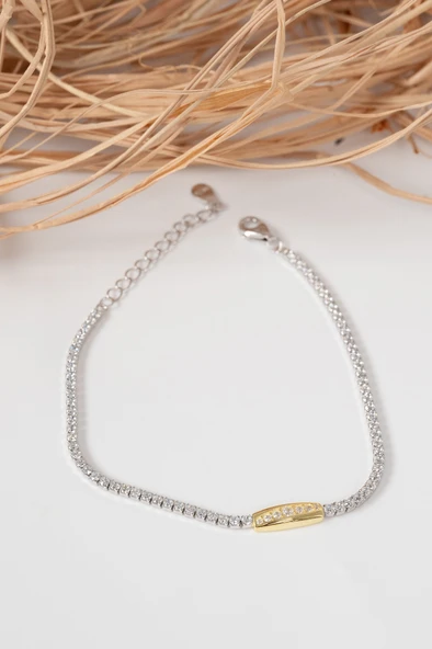 925 ayar gümüş altın yaldız ve rodyumlu gün ışığı gümüş su yolu bileklik SGTL13067RODAJ - Resim 4