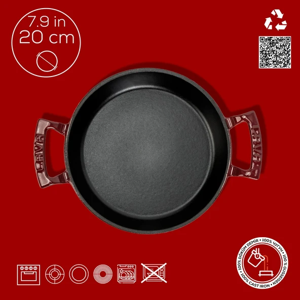 Lava Döküm Yuvarlak Sahan Döküm Demir Yekpare Çift Kulplu Çap(Ø)20cm.-Bordo - Resim 4
