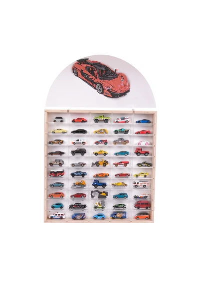 50'Lİ Ahşap Oyuncak Araba Rafı, Duvara Asılabilen Pleksi Raflı Hobi Araba Düzenleyici 50x6x51