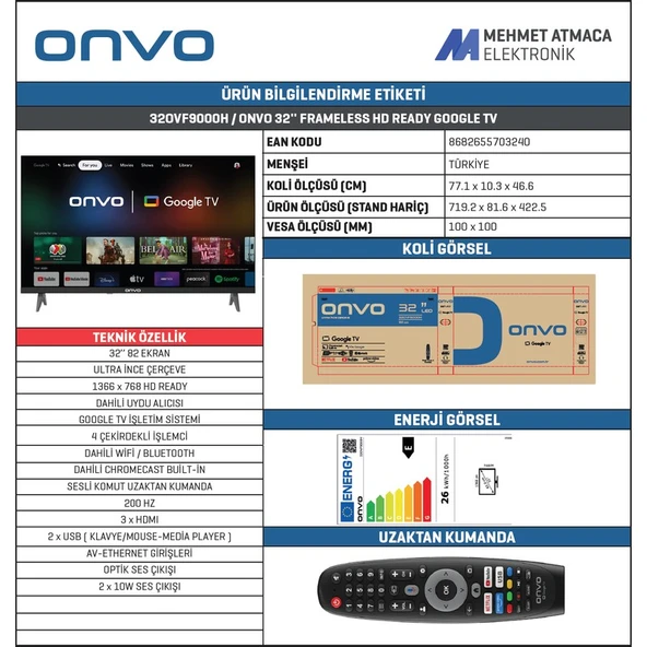 Onvo 32OVF9000H 32’’ 82 Ekran Uydu Alıcılı HD Ready Google LED TV - Resim 4