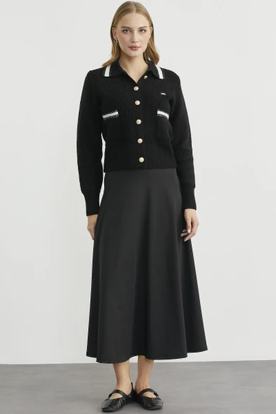 Polo Yaka Düğmeli Triko Hırka - Siyah - Resim 2