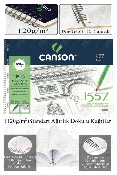 Telli Eskiz Defteri Canson 1557 35x50 cm Spiralli 15 Yaprak 1 Adet 120 gr Karakalem Sketch Resim Guaj Sulu Pastel