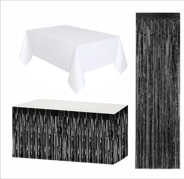 Beyaz Masa Örtüsü, Siyah Masa Eteği, Siyah Arka Fon ürün görseli