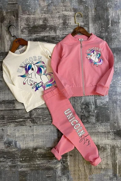 Kız Çocuk Unicorn Baskılı 3lü Pembe Taytlı Takım ürün görseli