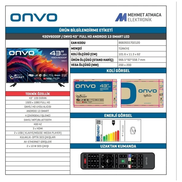 Onvo 43OV6000F 43" 109 Ekran Uydu Alıcılı Full HD Smart LED TV - Resim 2