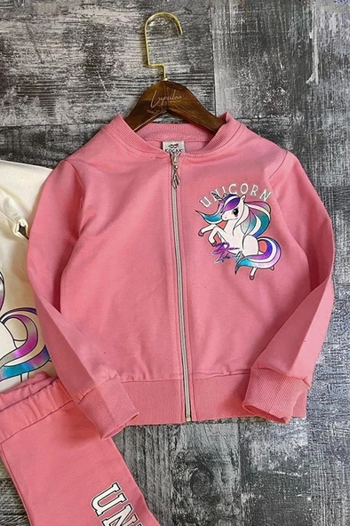 Kız Çocuk Unicorn Baskılı 3lü Pembe Taytlı Takım - Resim 9