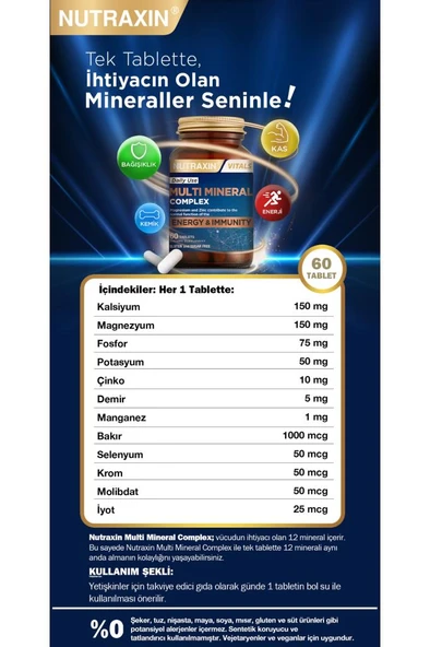 Nutraxin Multimineral Complex 60 Tablet Magnezyum, Kalsiyum, Çinko, Demir, İyot, Krom - 7