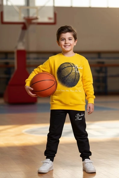 Basketball Yazı Desenli Sarı Renk Erkek Çocuk Eşofman Takımı ürün görseli