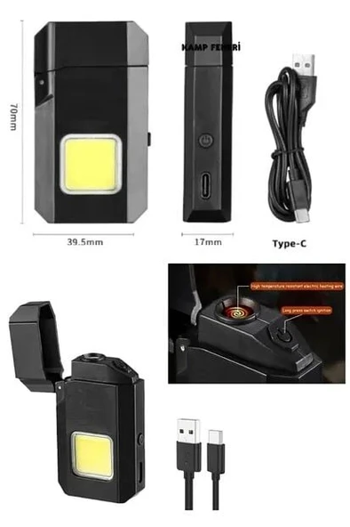 Projektör El Feneri ve Pürmüz Çakmak USB Gazsız Şarjlı Çakmak 600 Lümen - Resim 3