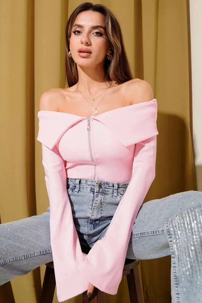 BİÇOMİ Omzu Açık Fermuarlı Bluz pembe T4330 ürün görseli