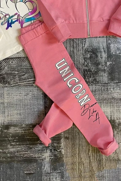 Kız Çocuk Unicorn Baskılı 3lü Pembe Taytlı Takım - Resim 4