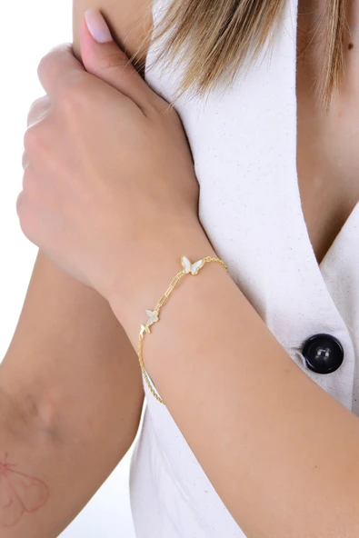 Gümüş altın yaldızlı sedef ve zirkon taşlı ışıltılı kelebek bileklik SGTL12926GOLD - Resim 2