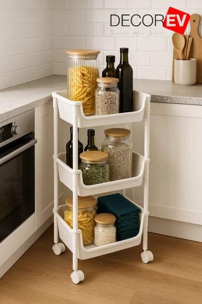 3 Katlı Tekerlekli Plastik Organizer Raf – Çok Amaçlı Mutfak, Banyo ve Ofis Düzenleyici (Beyaz) DC-6821 ürün görseli