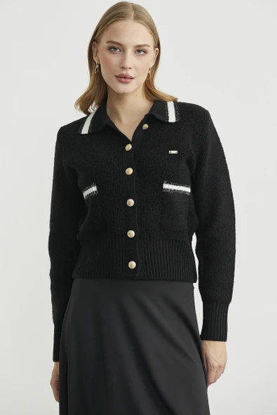 Polo Yaka Düğmeli Triko Hırka - Siyah ürün görseli