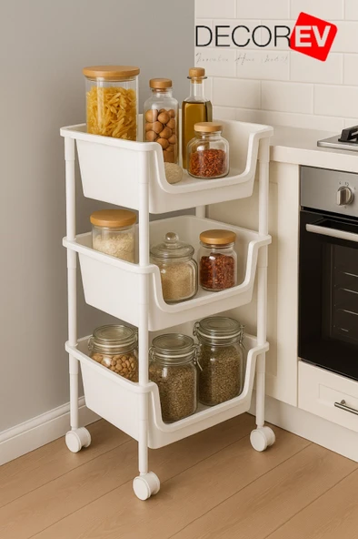 3 Katlı Tekerlekli Plastik Organizer Raf – Çok Amaçlı Mutfak, Banyo ve Ofis Düzenleyici (Beyaz) DC-6821 - Resim 3