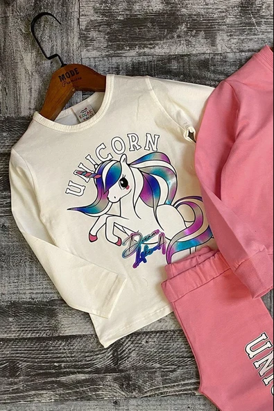 Kız Çocuk Unicorn Baskılı 3lü Pembe Taytlı Takım - Resim 7