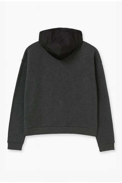 Kadın Oversize Kapüşonlu Cepli Antrasit Sweatshirt - Resim 3