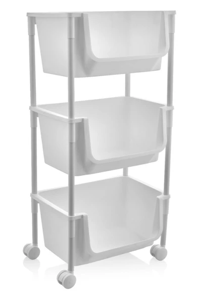 3 Katlı Tekerlekli Plastik Organizer Raf – Çok Amaçlı Mutfak, Banyo ve Ofis Düzenleyici (Beyaz) DC-6821 - Resim 4