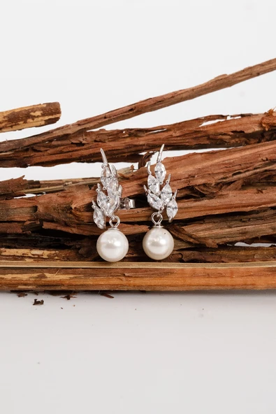 Gümüş rodyumlu (Markiz) kesim zirkon taşlı kanat modeli inci küpe SGTL13022RODAJ - Resim 4