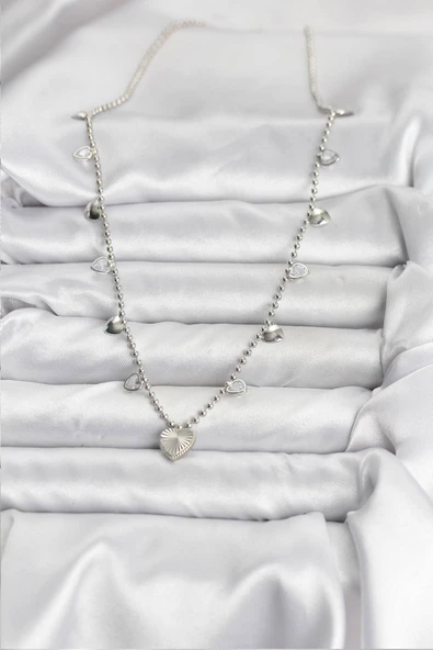 Pirinç Gümüş Renk Kalp Model Kadın Kolye - TJ-BKO10653 - Resim 2