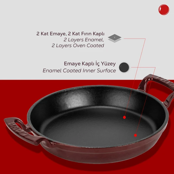 Lava Döküm Yuvarlak Sahan Döküm Demir Yekpare Çift Kulplu Çap(Ø)20cm.-Bordo - Resim 6