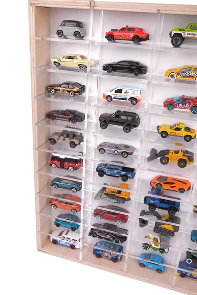 50'Lİ Ahşap Oyuncak Araba Rafı, Duvara Asılabilen Pleksi Raflı Hobi Araba Düzenleyici 50x6x51 - 5