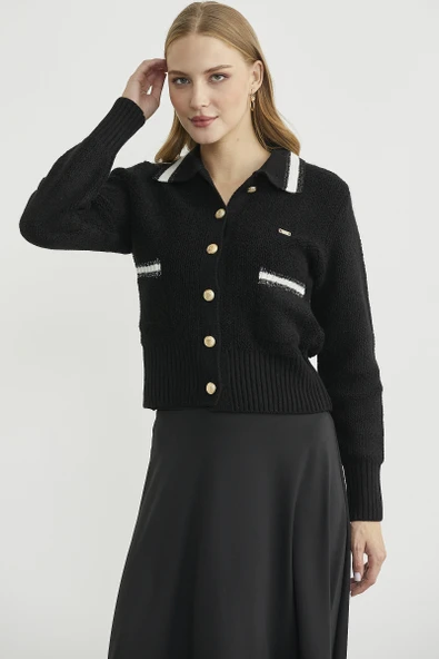 Polo Yaka Düğmeli Triko Hırka - Siyah - Resim 3