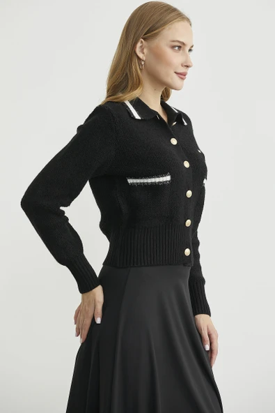 Polo Yaka Düğmeli Triko Hırka - Siyah - Resim 5