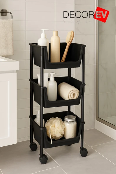 3 Katlı Tekerlekli Plastik Organizer Raf – Çok Amaçlı Mutfak, Banyo ve Ofis Düzenleyici (Siyah) - Resim 3